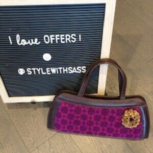 Custom Made Turkish Floral Felt + Leather Handbag Purple & Brown Size OS